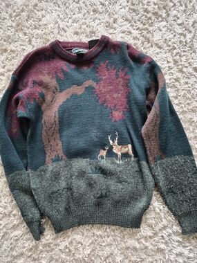Forest Scene Crewneck Sweater in Teal and Burgundy
